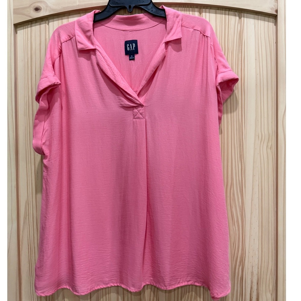 Gap Womens XL Pink Short Sleeve Split V-Neck Collared Blouse Top